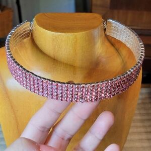 Jane Fashions Silver Tone Pink Crystal Choker 5 Rows Sparkly Barbie Rhinestones